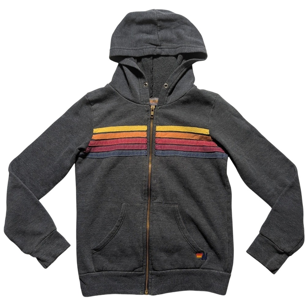Aviator Nation Kids Charcoal Grey 5-Stripe Retro Zip Up Hoodie Size 10